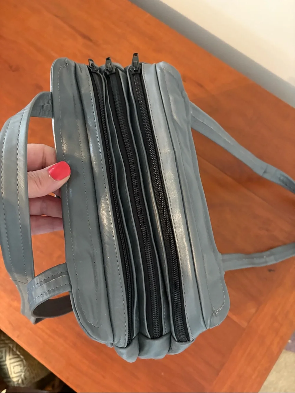 Vintage Y2K Gray Genuine Leather Shoulder Bag Minimalist Multi Pocket Purse